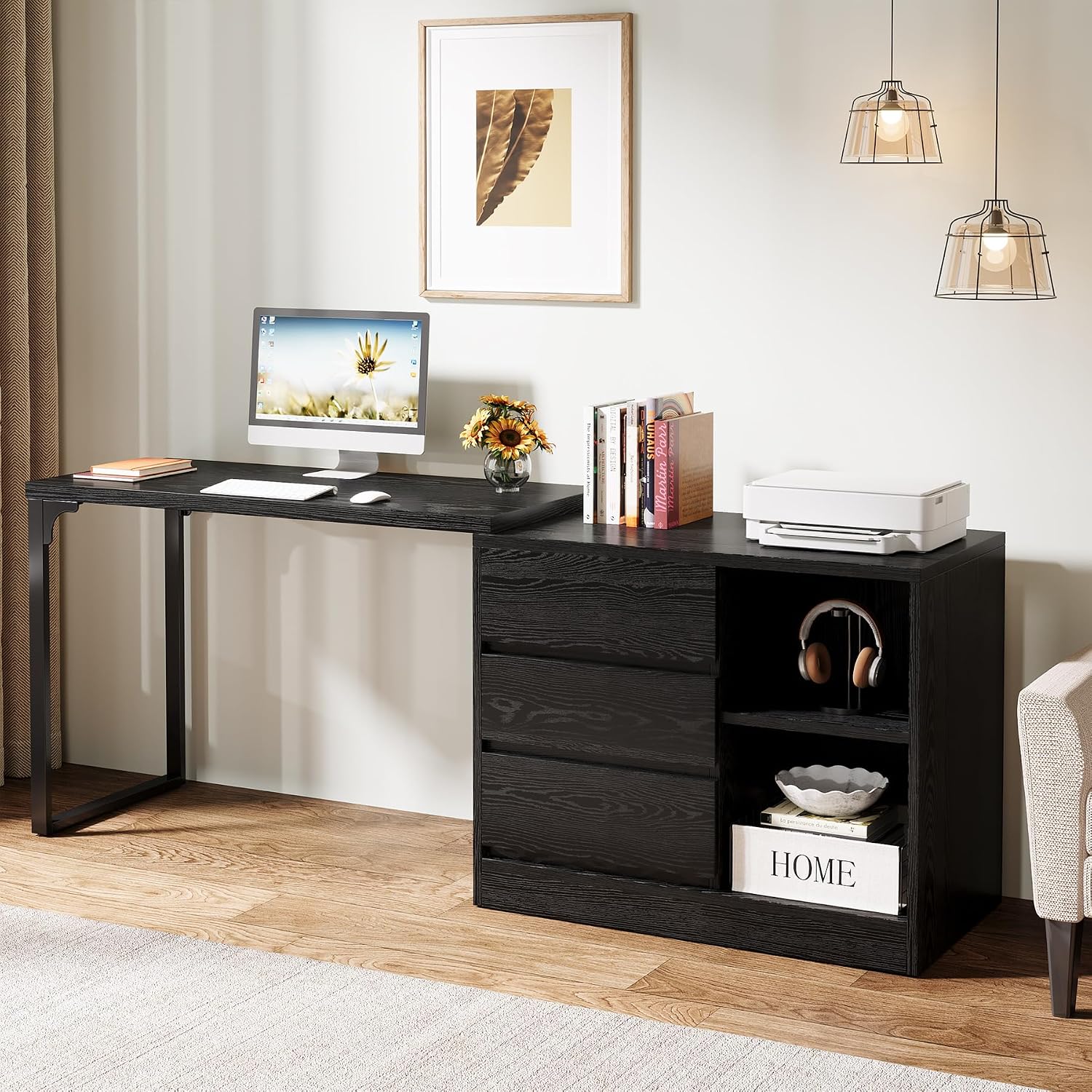 Tribesigns L-Shaped Computer Desk with Drawers and Shelves, Reversible Corner Office Desk with Storage Cabinet, Modern Study Writing Table for Home Office, Bedroom (Black)