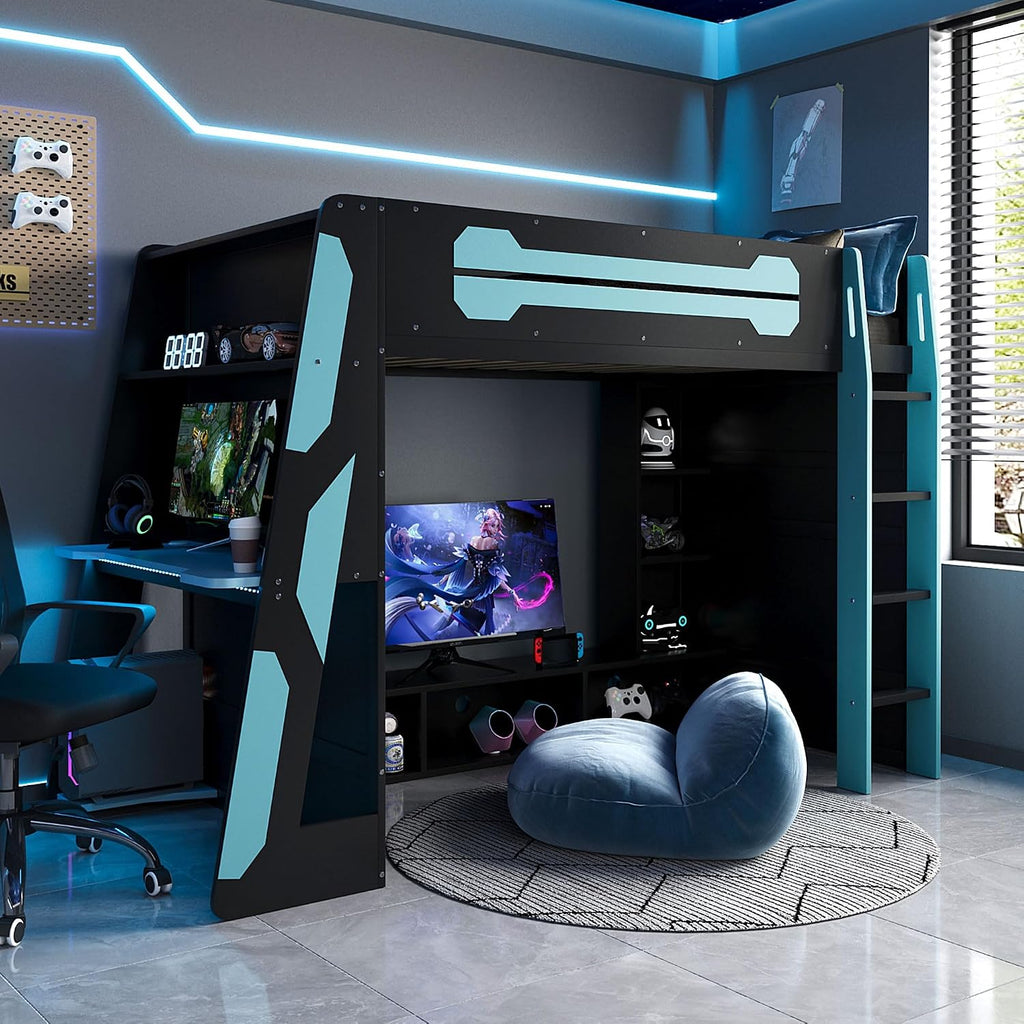 LUMISOL Twin Size Gaming Loft Bed with Desk, RGB LED Lights & Charging Stations, Wood Loft Bed Frame with Storage Bookshelves for Kids, Teens & Adults, Blue + Black
