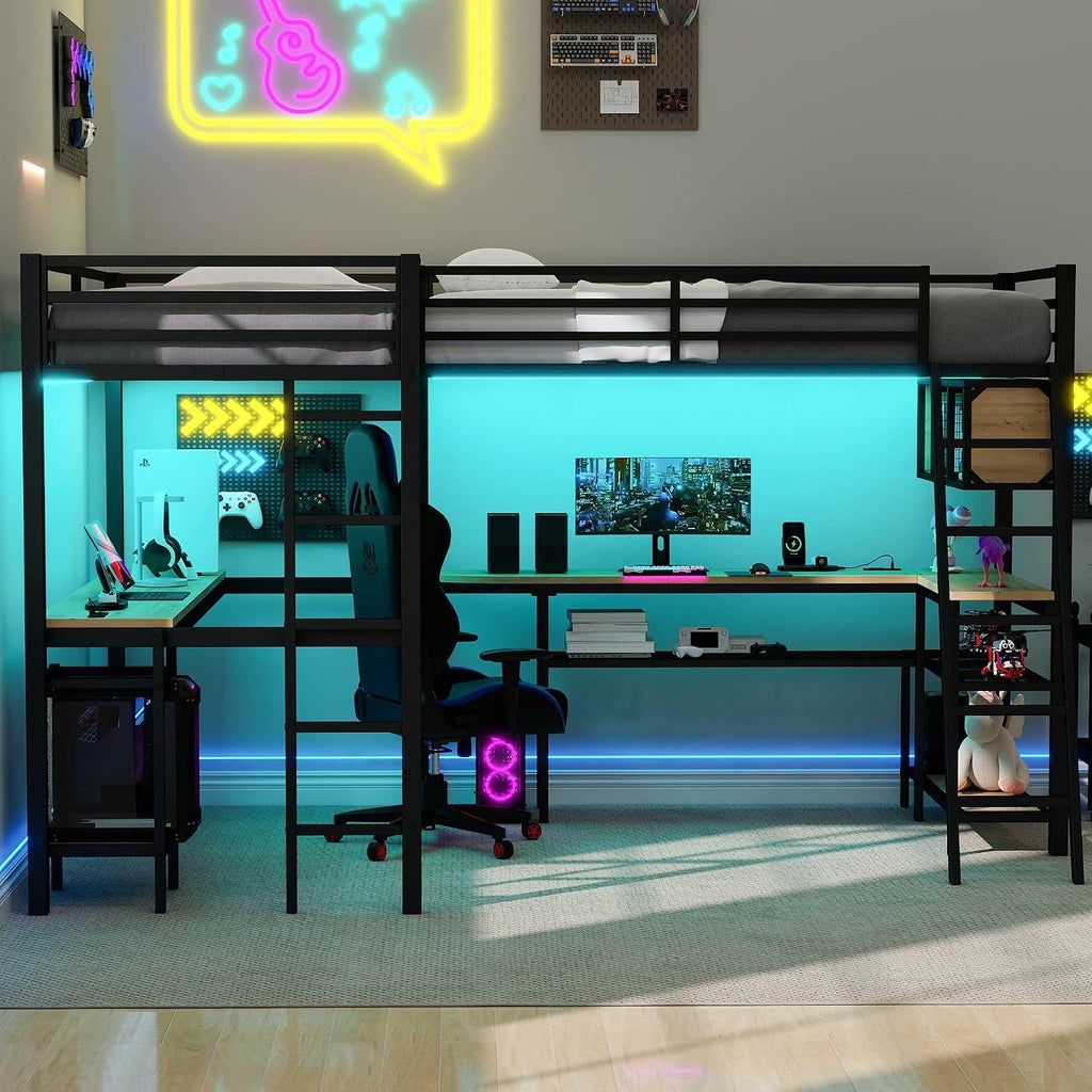 L-Shaped Loft Bed Twin Size with 2 Built-in Desks and Storage Shelves, Metal Gaming Loft Bed with LED and Charging Station for 2 Kids Teens Boys Girls