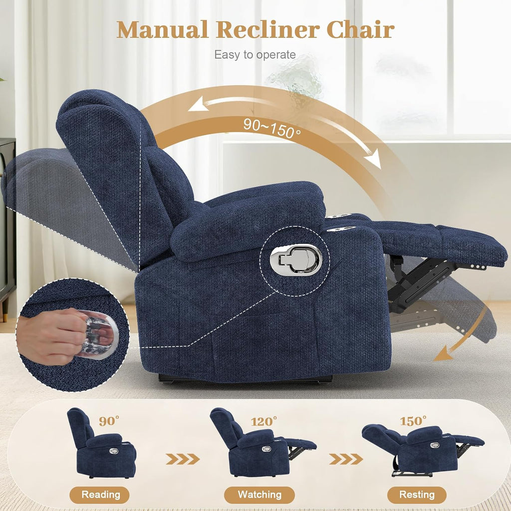 FURNIMAT Recliner Chair, Oversized Manual Reclining Chair for Adults, Single Reclining Sofa with Cup Holder & Pocket, Lounge Recliner for Living Room Home Theater Seating RV Chairs