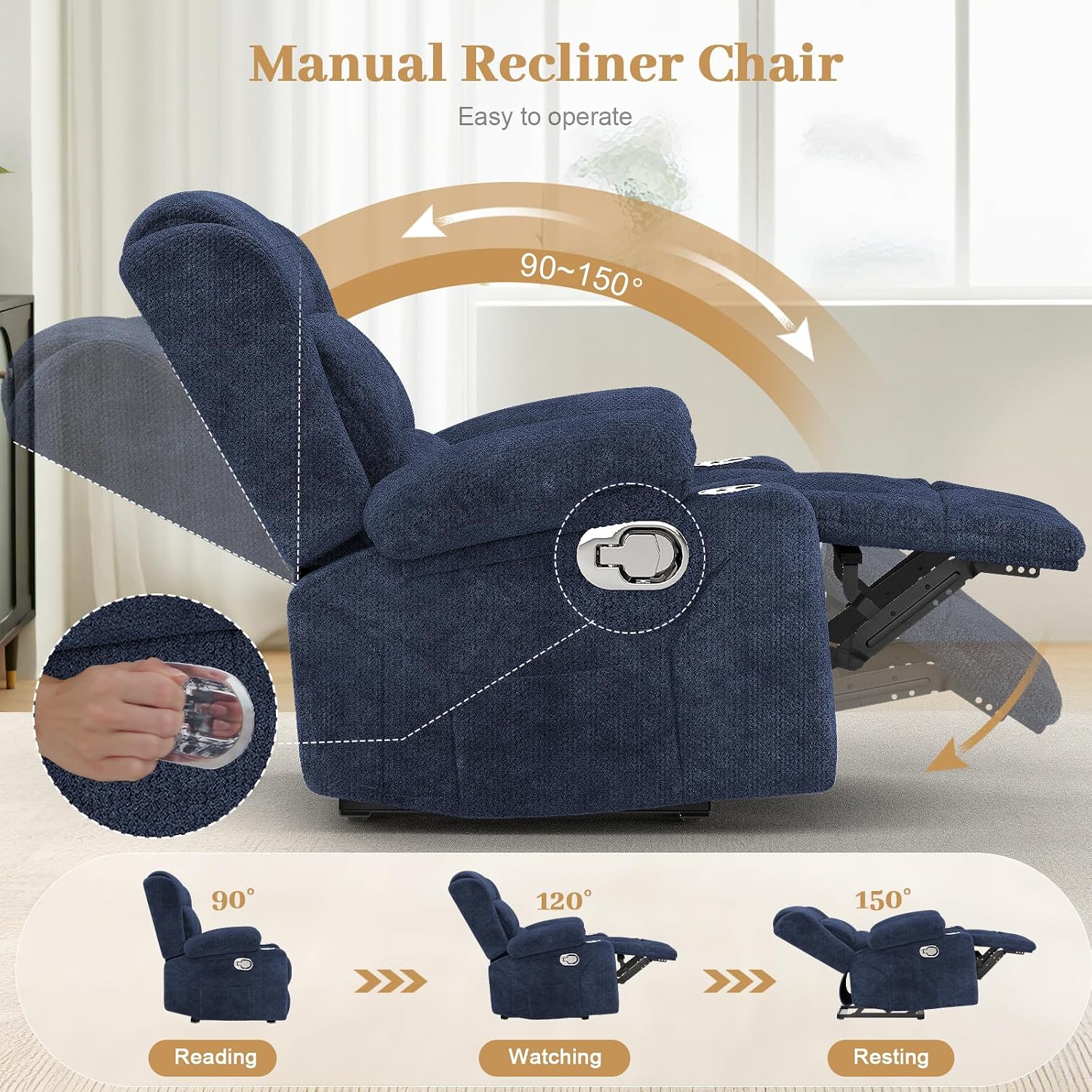 FURNIMAT Recliner Chair, Oversized Manual Reclining Chair for Adults, Single Reclining Sofa with Cup Holder & Pocket, Lounge Recliner for Living Room Home Theater Seating RV Chairs