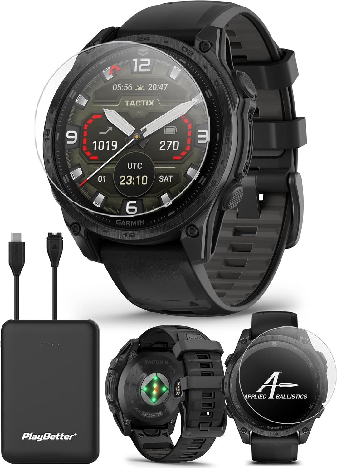 Garmin tactix 8 AMOLED (47mm) Premium Tactical GPS Smartwatch Bundle - Includes Applied Ballistics Ultralight Solver, Built-in LED Flashlight with PlayBetter Portable Charger & HD Screen Protectors