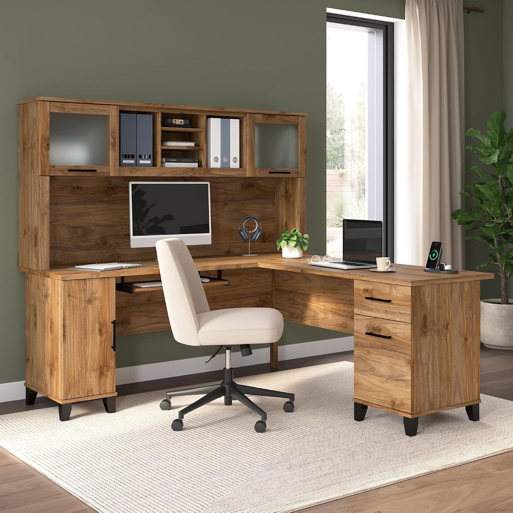 Bush Furniture Somerset L Shaped Desk with Hutch in Fresh Walnut | Corner Computer Table with Drawers, Cabinets and Pullout Keyboard/Laptop Tray for Home Office