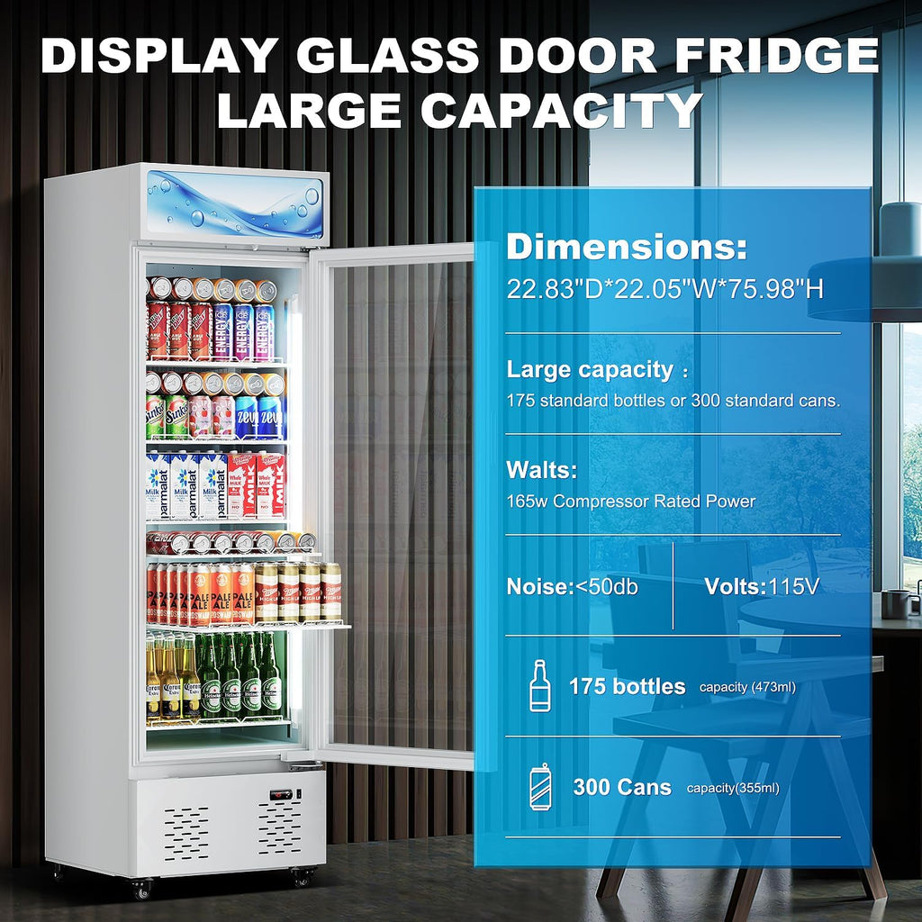 White Commercial Glass Door Display Refrigerator 11 Cu.ft Cooler Beverage Refrigerators with LED Light and 5 Shelves for Cafe Restaurant Store Bar