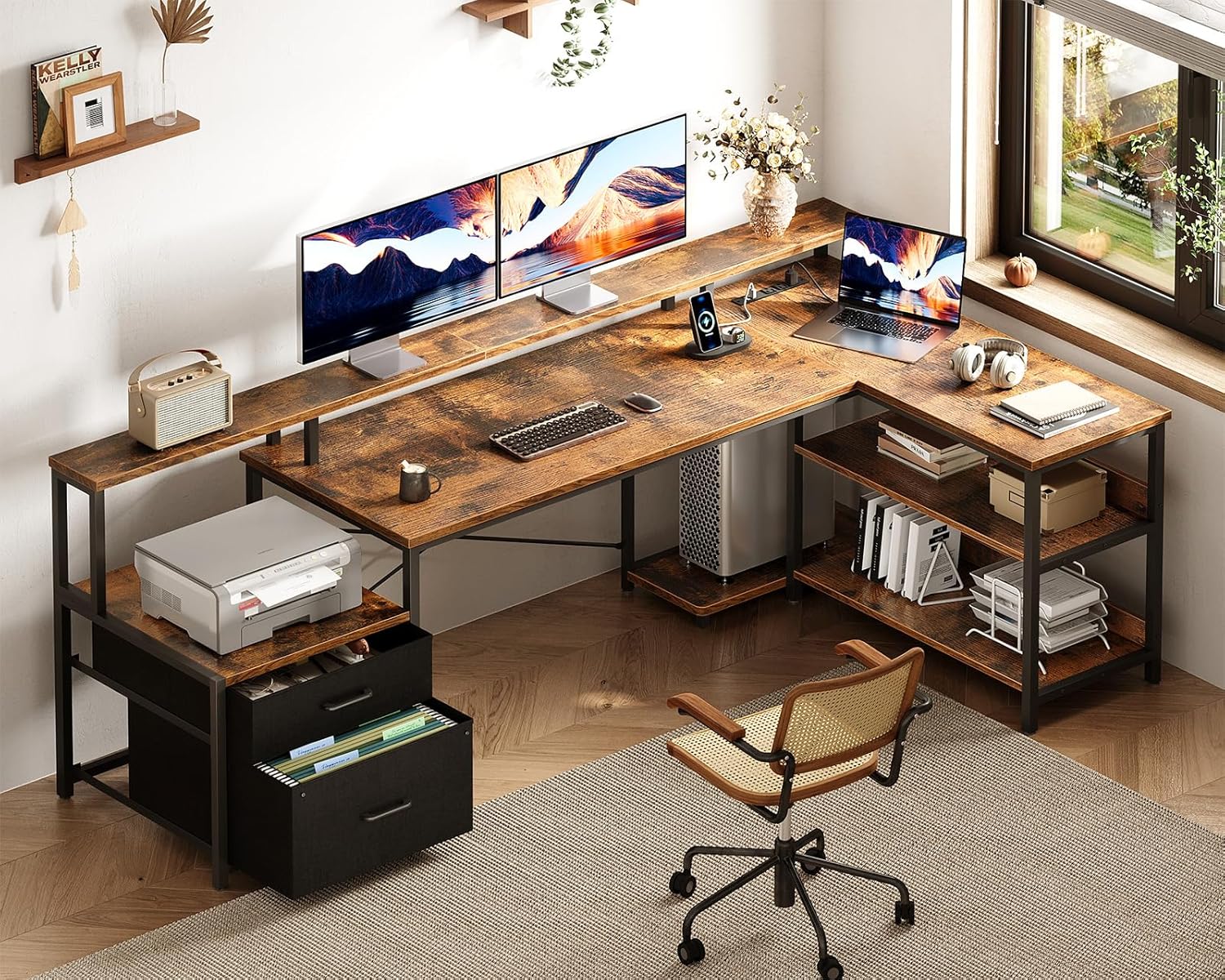 ODK 75' L Shaped Desk with File Drawers, Work from Home Office Desk with Power Outlet, Reversible Computer Desk with Storage Shelves, Gaming Desk with Monitor Shelf, Corner WFM Table, Vintage