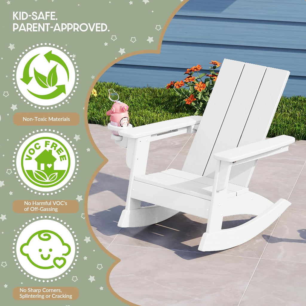 WestinTrends Ashore Outdoor HDPE Plastic Preschool Toddler Modern Adirondack Rocking Chairs (Set of 2), White