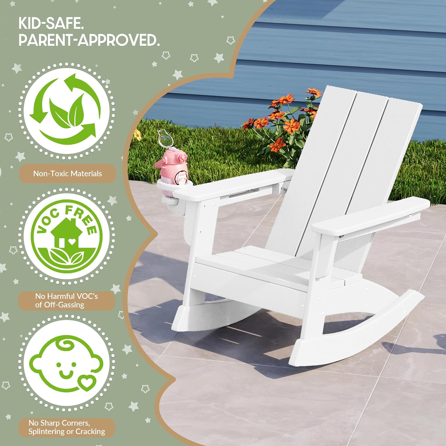 WestinTrends Ashore Outdoor HDPE Plastic Preschool Toddler Modern Adirondack Rocking Chairs (Set of 2), White