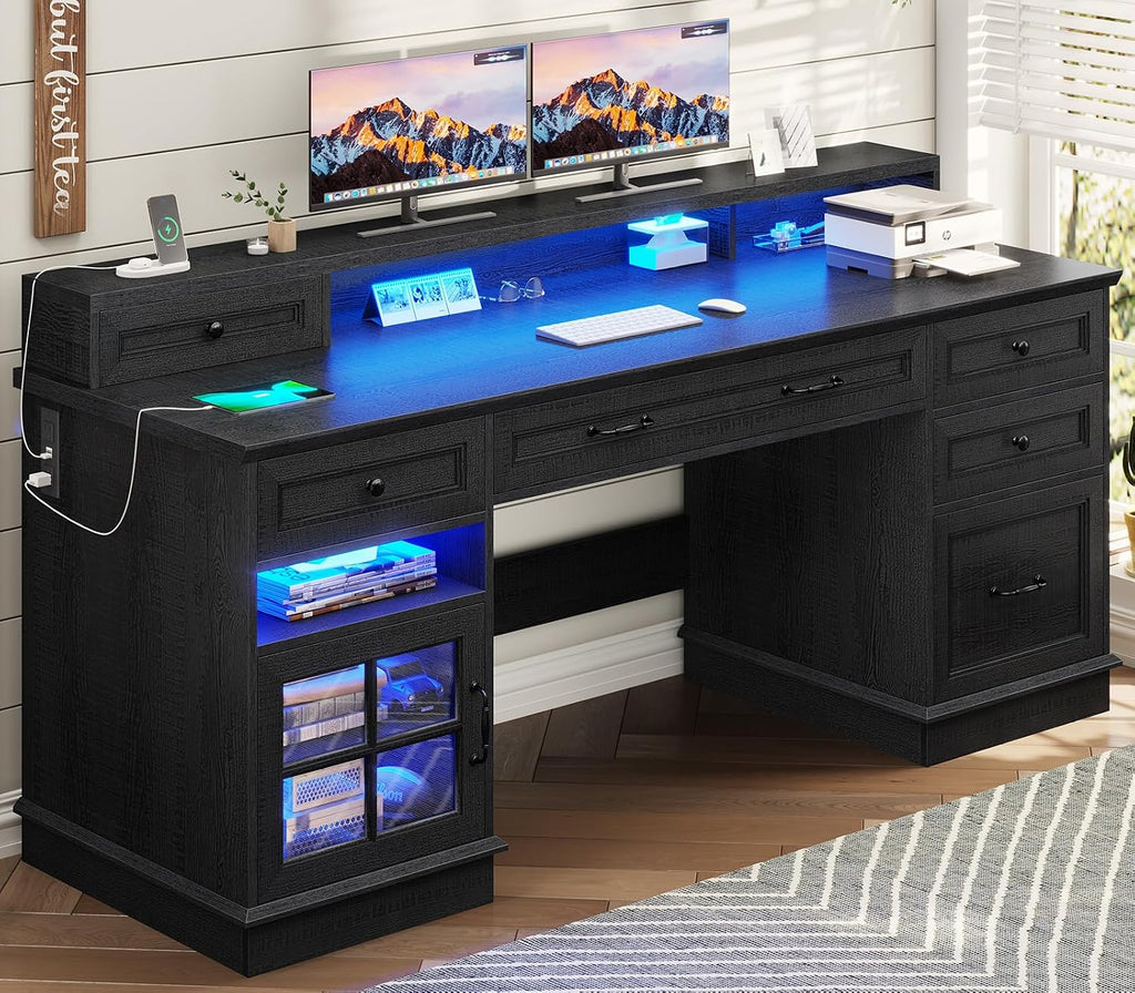 BTHFST 59.1' Executive Desk with File Drawer, Home Office Desk with Charging Station & LED Lights, Computer Desk with Drawers & Storage Cabinet, Executive Office Desk with Monitor Stand, Black