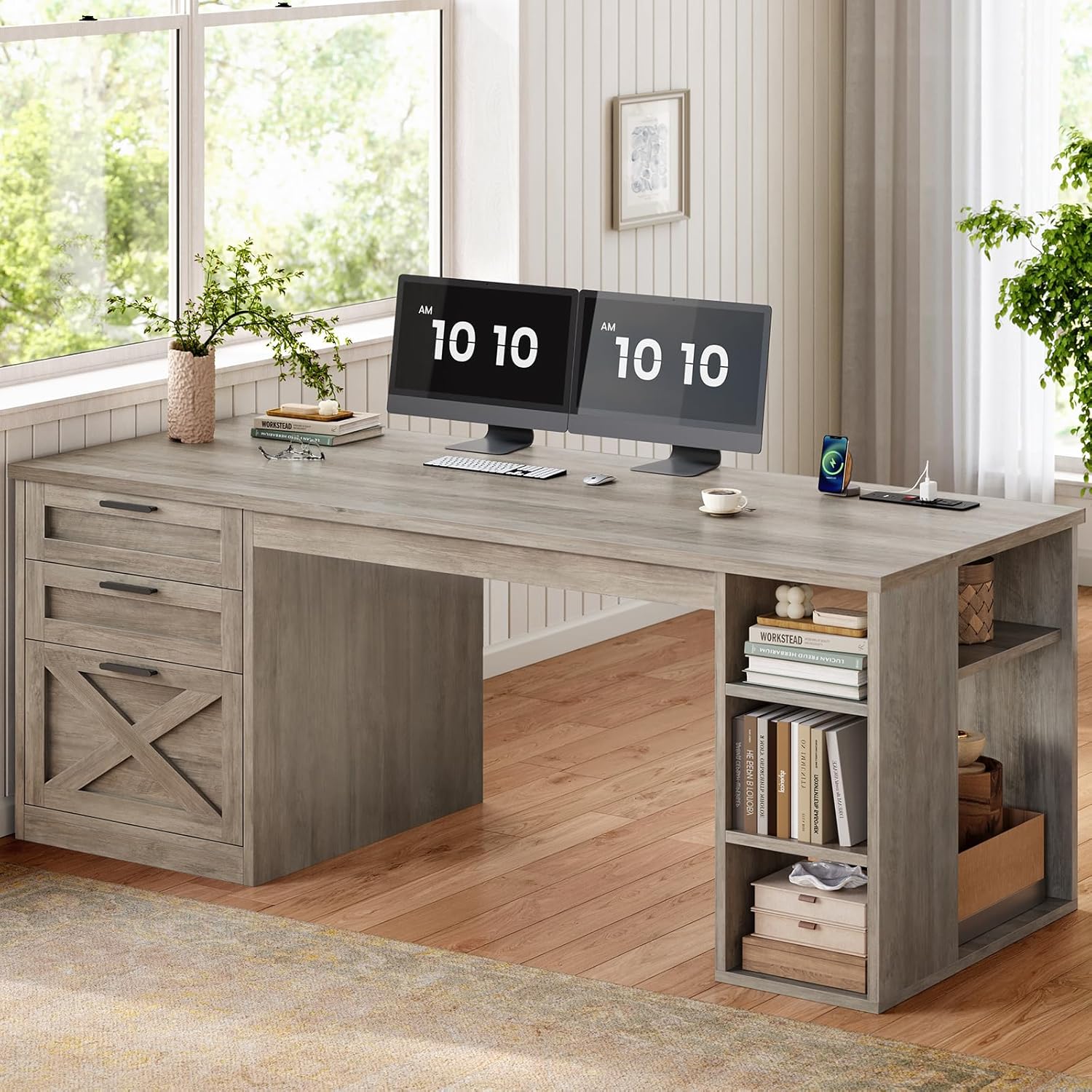 SEDETA 55.1' Executive Computer Desk with 3 Drawers, Farmhouse Office Desk with File Drawer & Storage Shelves, Executive Desk with Power Outlet for Home Office, Grey