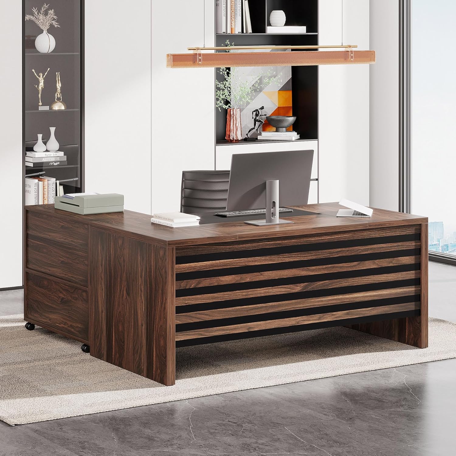 Tribesigns 62.2' Executive Desk with Mobile File Cabinet, L-Shaped Office Desk with Storage Shelves, Large Computer Table Business Workstation Set for Home Office, Dark Brown