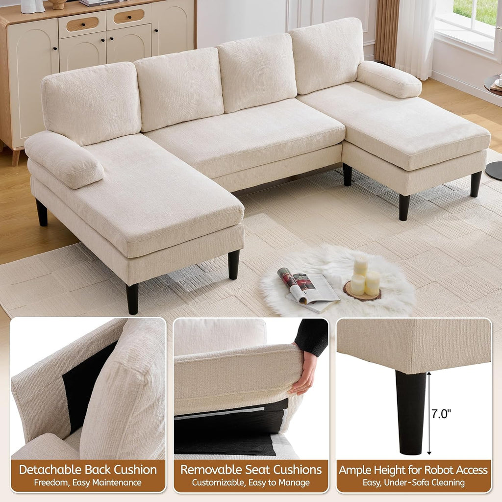 Korser U Shaped Sectional Couches for Living Room, 101' Modern Chenille Fabric Sofa with Double Chaise Lounge, 4-Seat Couch with Removable Pillows for Apartment/Small Space, Beige
