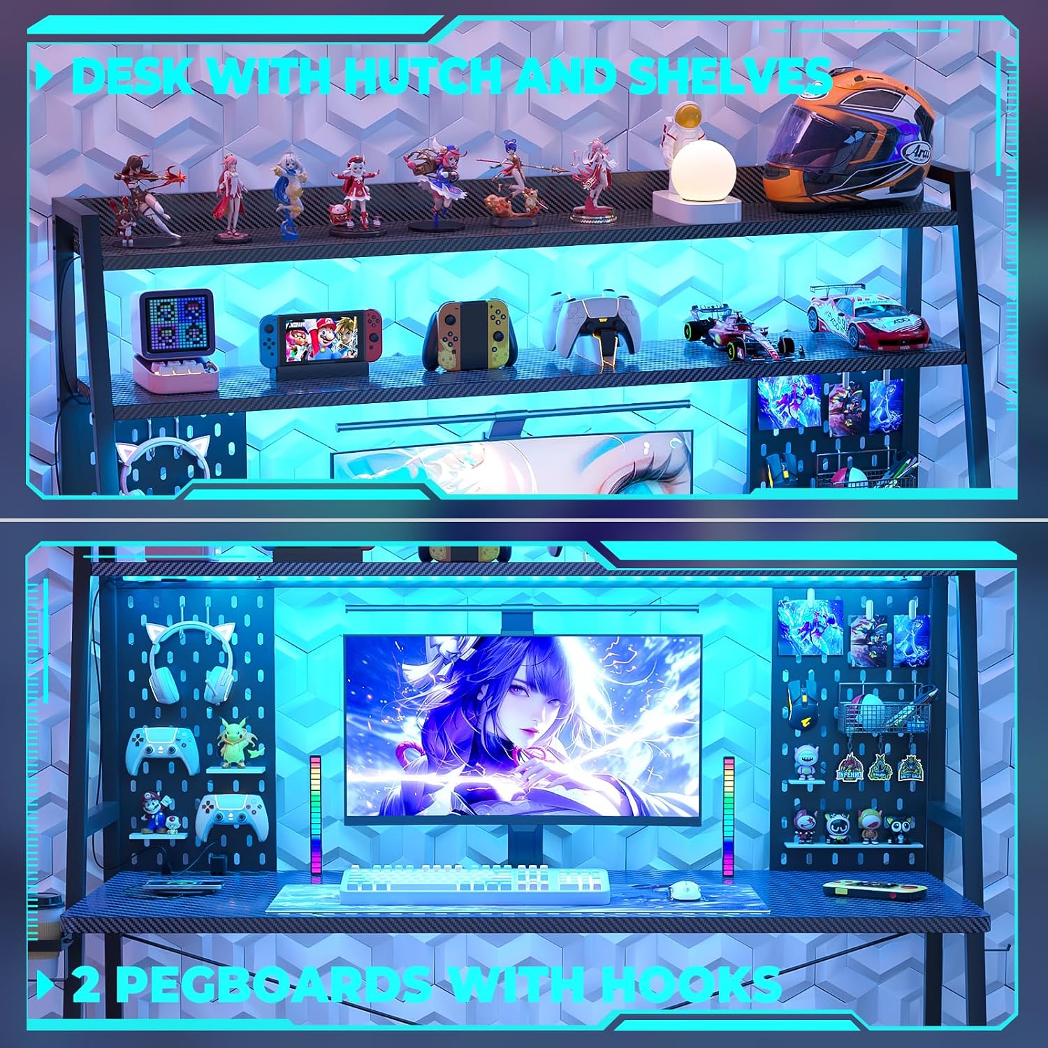 Besiost Gaming Desk with Hutch and LED Lights, Gaming Computer Desk with Power Outlets, Gamer Desk with Storage Shelves, PC Game Desks with Pegboards, for Bedroom, Carbon Fiber Black, 49'