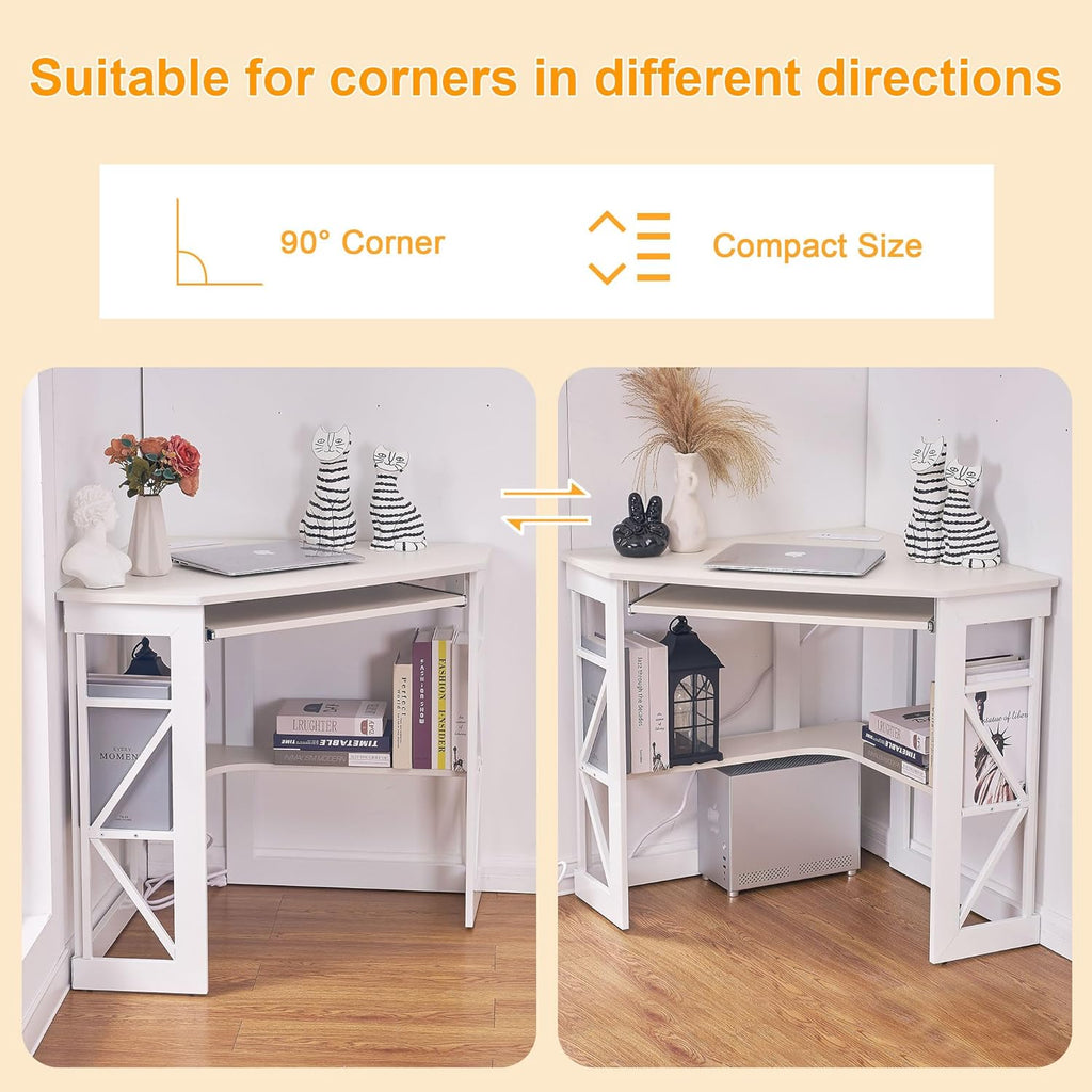 VECELO Corner Computer Desk 41x30 inch with Charging Station & Keyboard & Storage Shelves for Small Space,Triangle Table for Home Office Bedroom,White