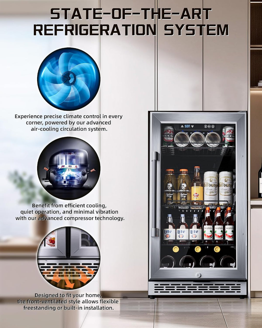 18 inch Glass Door Beverage Refrigerator – 160 Can Mini Fridge for Wine, Beer, Soda, Ideal for Home, Office, or Bar, Under Counter Built-In Design