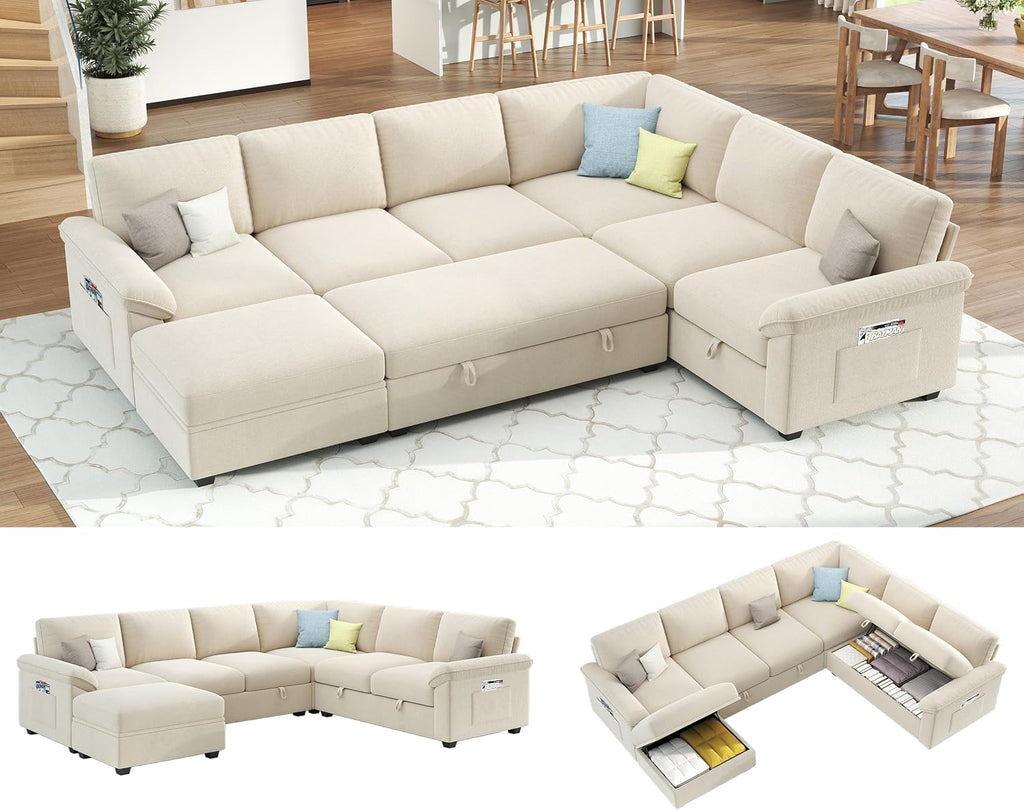 VanAcc 105' Sofa Bed, Sectional Sleeper Sofa with Pull Out Bed/Reclining Backrest, Sleeper Couch Bed with Storage, 6 Seater Couch Bed for Living Room, Chenille Beige