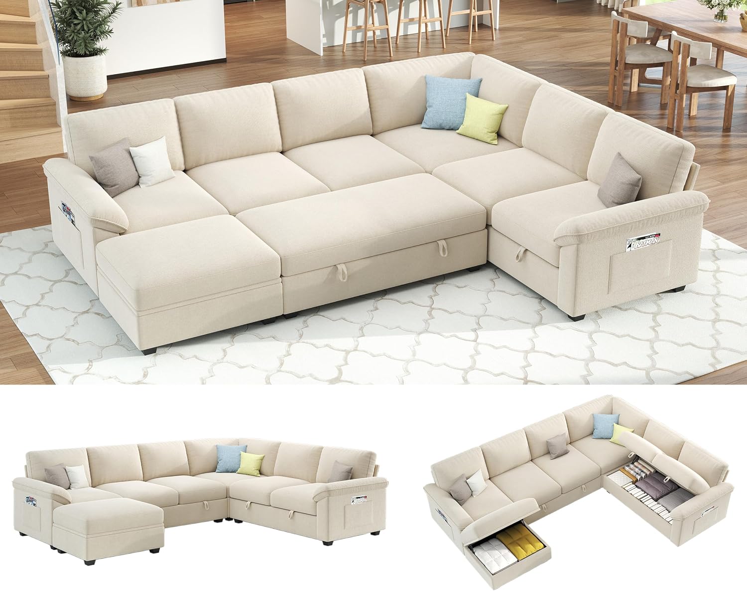 VanAcc 105' Sofa Bed, Sectional Sleeper Sofa with Pull Out Bed/Reclining Backrest, Sleeper Couch Bed with Storage, 6 Seater Couch Bed for Living Room, Chenille Beige