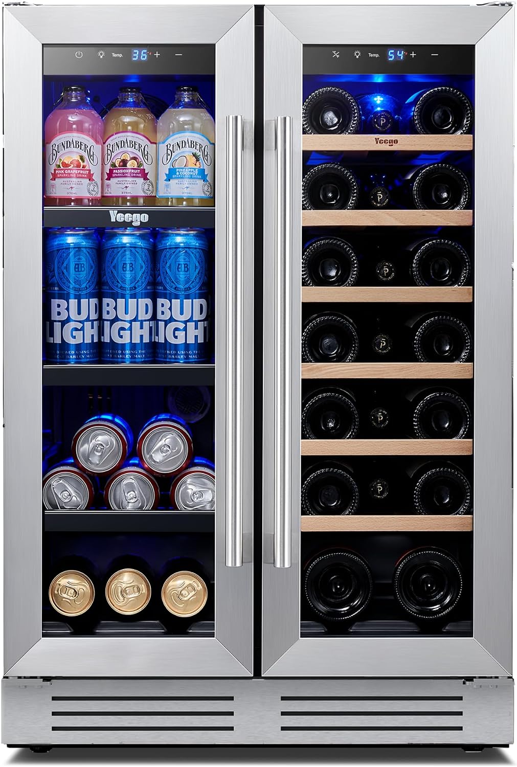 Yeego Wine and Beverage Refrigerator, 24 Inch Dual Zone Wine Fridge, Built-in or Freestanding Wine Cooler with Glass Doors, Under Counter Drink Fridge for Wine/Beer/Soda/Water