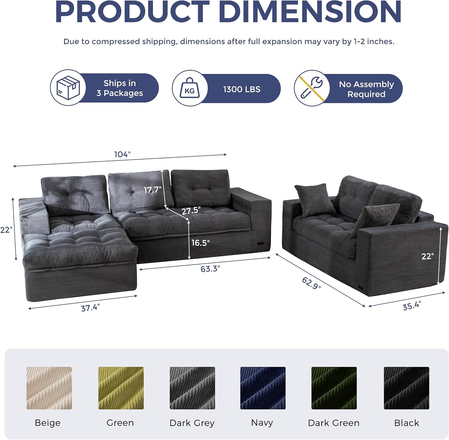 MAXYOYO Modular Sectional Sofa with Ottoman and Loveseat, Cloud Boneless Couch with Layered Cushion, Flexible Module Combination Sofa for Living Room, No Assembly Required,Dark Grey