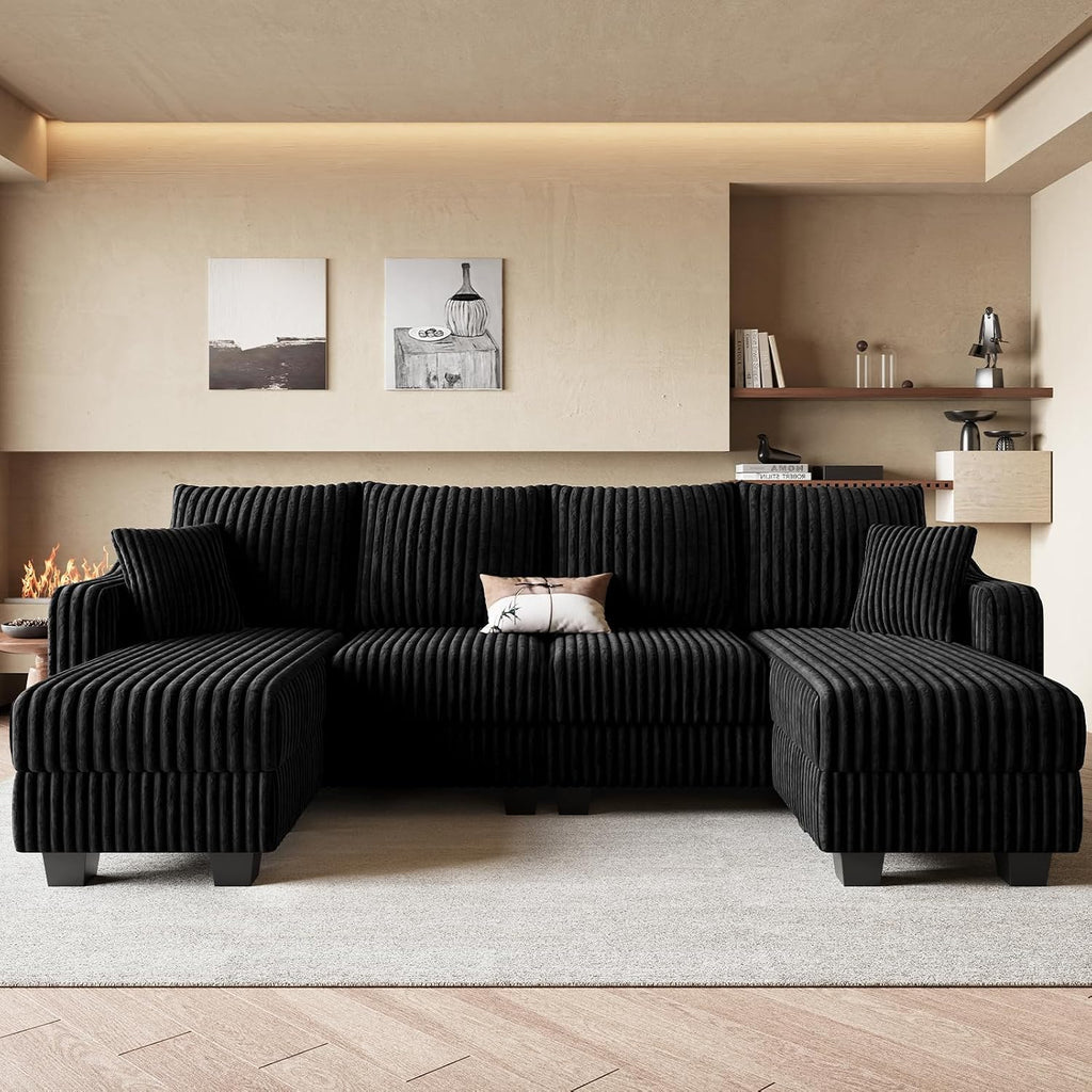 Belffin U Shaped Couch with Reversible Chaises Sectional Couches for Living Room Sectional Couch with Ottomans Corduroy (Black, U Shaped)