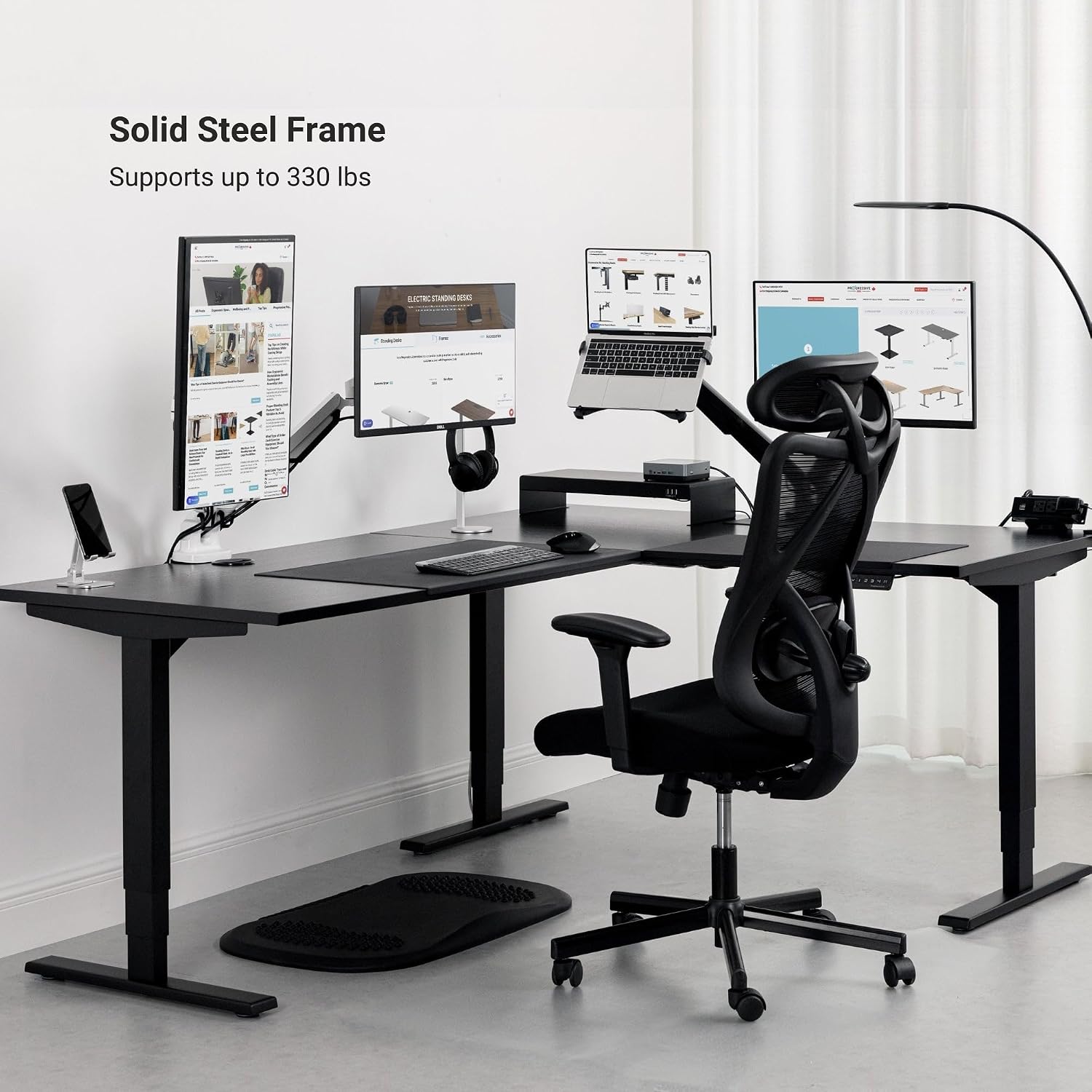 Progressive Desk Stand Up Height Adjustable Electric Standing Desk - L Shaped 60' x 72' Corner Computer Rising Workstation Table - Black Frame, Bright Beech Top