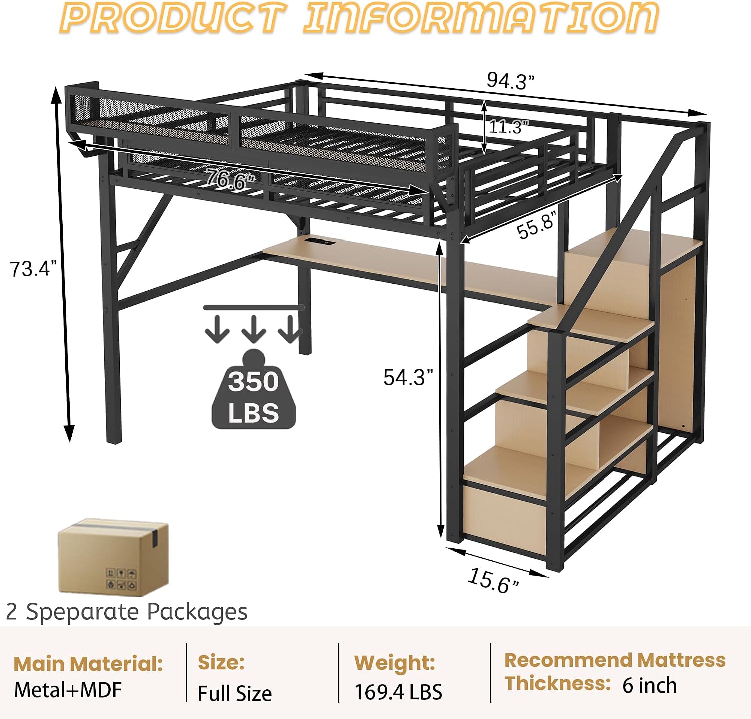Mirightone Full Size Loft Bed with Stairs & Desk, Metal Loft Bed Frame with LED and Charging Station, High Loft Beds Gaming Lofted Full Bed with Storage Shelf for Kids and Teens (Black+Natural)