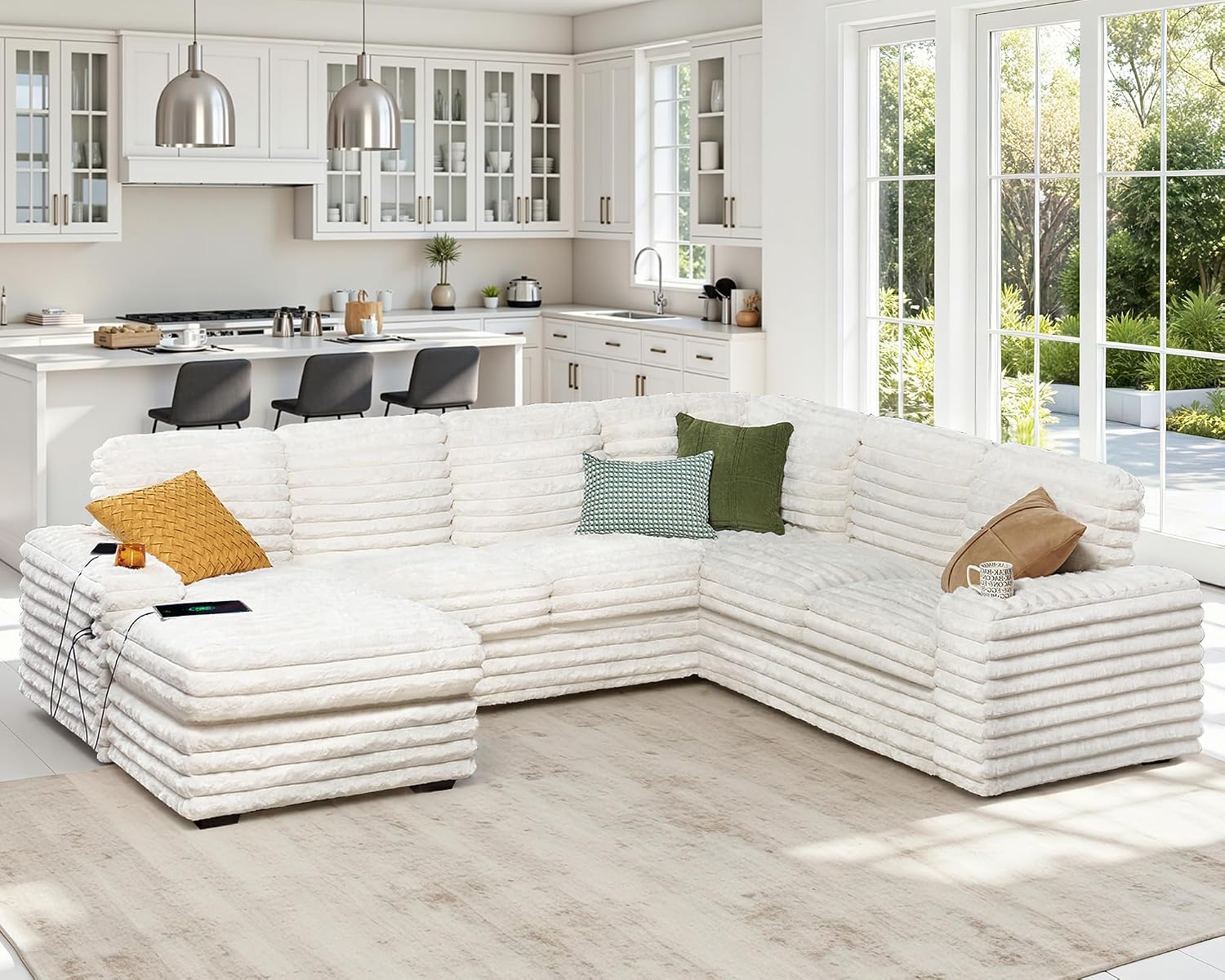 AMERLIFE 112 Inch U Shaped Couch, Oversized Couch with Storage Chaise & Cup Holders, Sectional Sofa with USB & Type-C Charging Ports, Faux Fur White Sofa