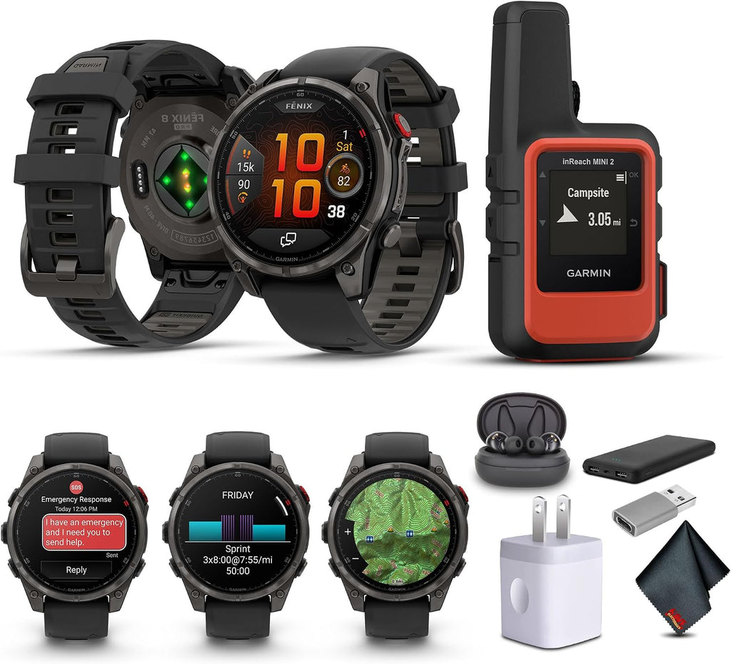 Garmin Fenix 8 Pro 47mm Multisport GPS Smartwatch, AMOLED Display, Sapphire, Carbon Gray DLC Titanium Pebble Gray Silicone Band, Wilderness Bundle with inReach Mini 2 Satellite Communicator and More