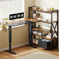 77.8 Inches L Shaped Standing Desk Corner Desk with Hutch Electric Height Adjustable Desk with Storage Shelves File Drawer Power Outlets Reversible Computer Gaming Desk for Home Office, Brown