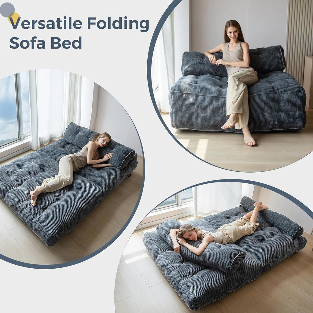 MAXYOYO Folding Sofa Bed, Convertible Sleeper Chair with Pilow Foldable Mattress with Back Support, Portable Fold Out Chair Bed Comfy Floor Sofa Lounge for Living Room Bedroom, Dark Grey, Double