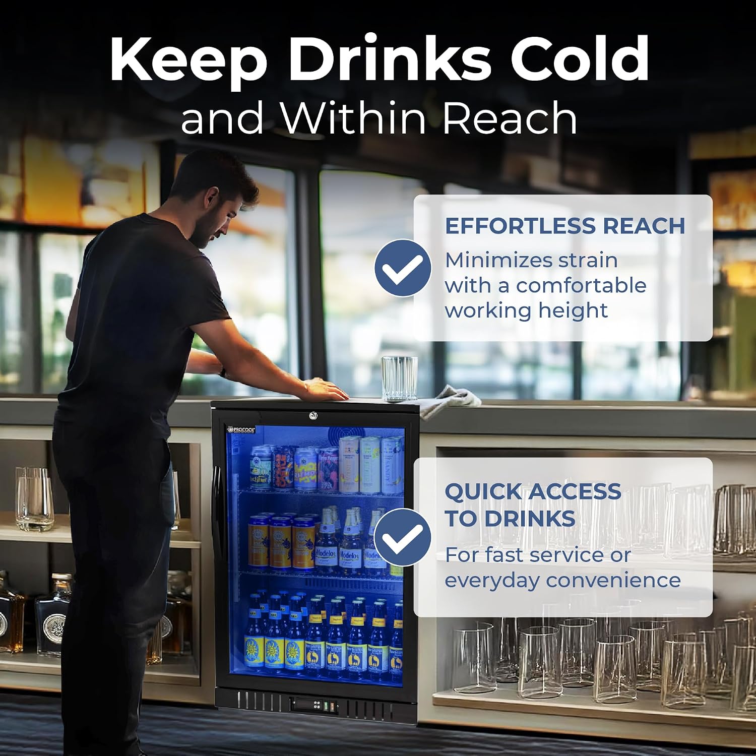 Procool 1-Door Counter Height Beverage Refrigerator - 24' Wide Energy Efficient Black Beer Fridge With Glass Door & Blue LED Lighting - Commercial Back Bar Cooler