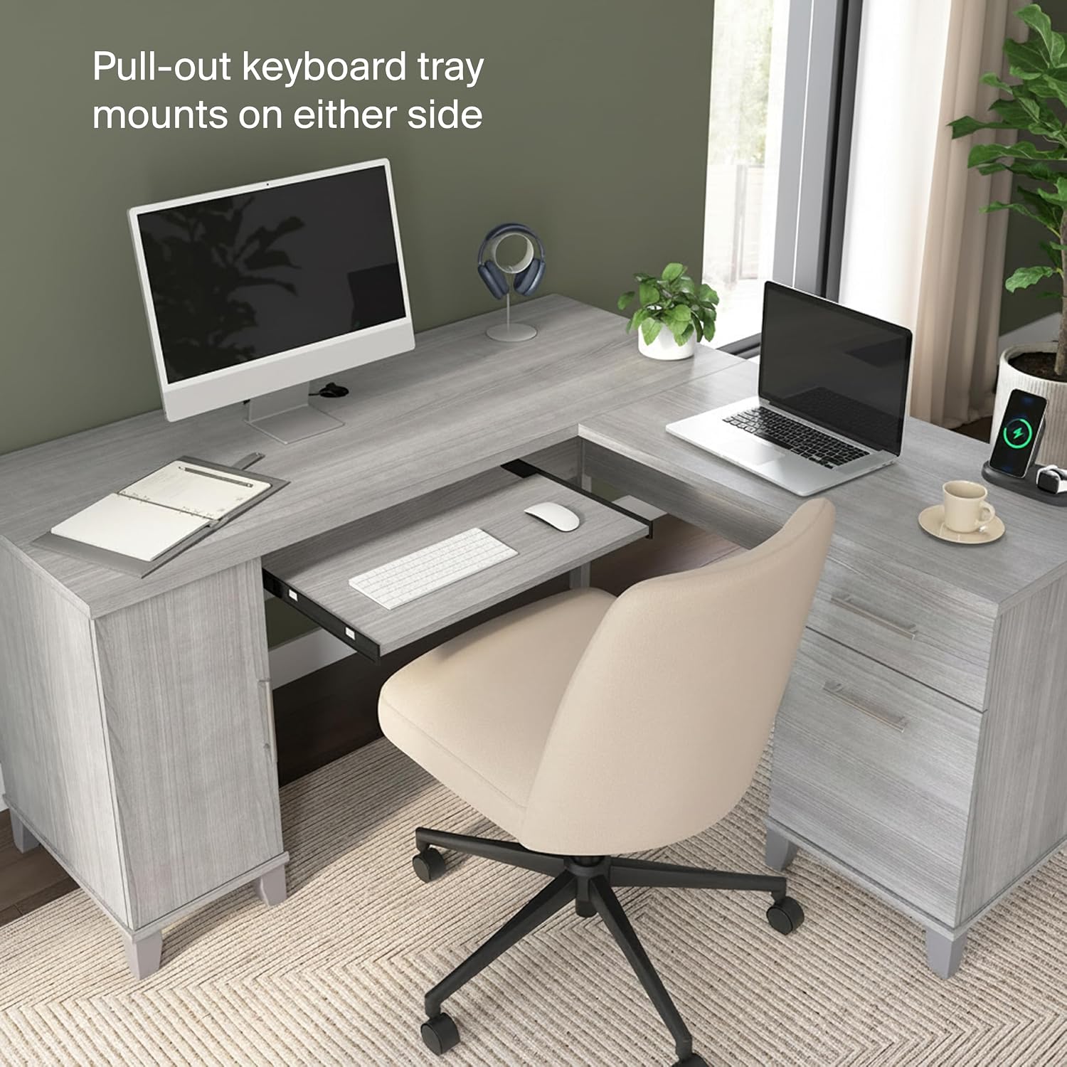 Bush Home 60-Inch L-Shaped Desk with Storage, Corner Computer Office Desk with Drawers and Storage Cabinet, Home Office Furniture, Somerset Collection, Platinum Gray