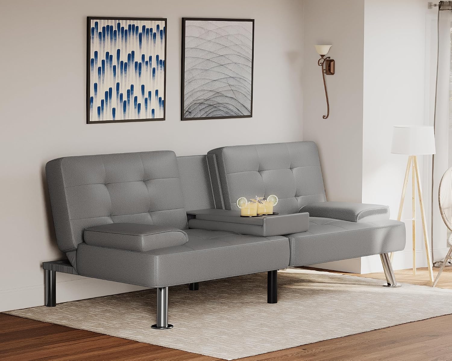Flamaker Futon Sofa Bed Modern Folding Futon Set PU Leather Convertible Recliner Lounge for Living Room with 2 Cup Holders, Removable Armrests (PU Leather, Dark Grey)