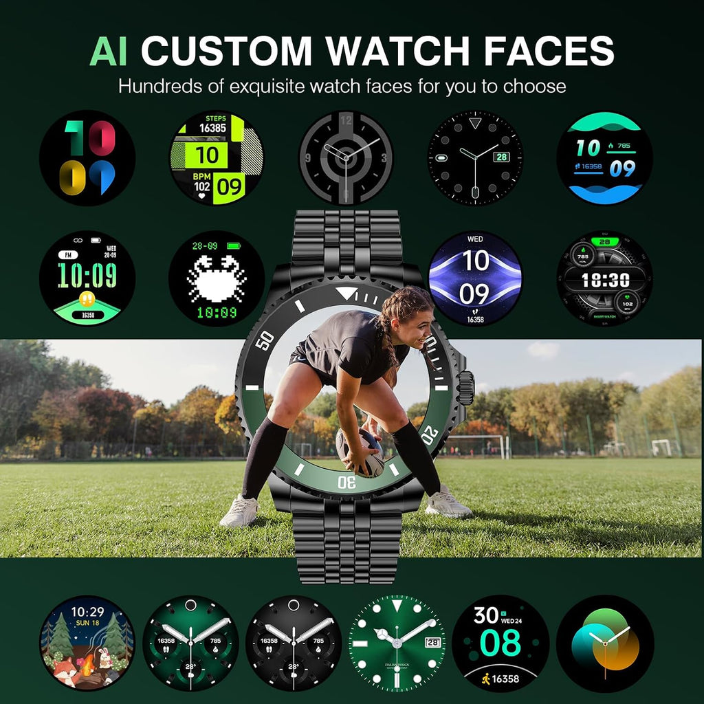 SOUYIE GPT Smart Watch with Bluetooth Call,1.19-inch AMOLED Display, 24/7 Heart Rate, Blood Oxygen, Blood Pressure, Sleep Monitor, 107 Sports Fitness Tracker, Compatible Android and iOS Black Green