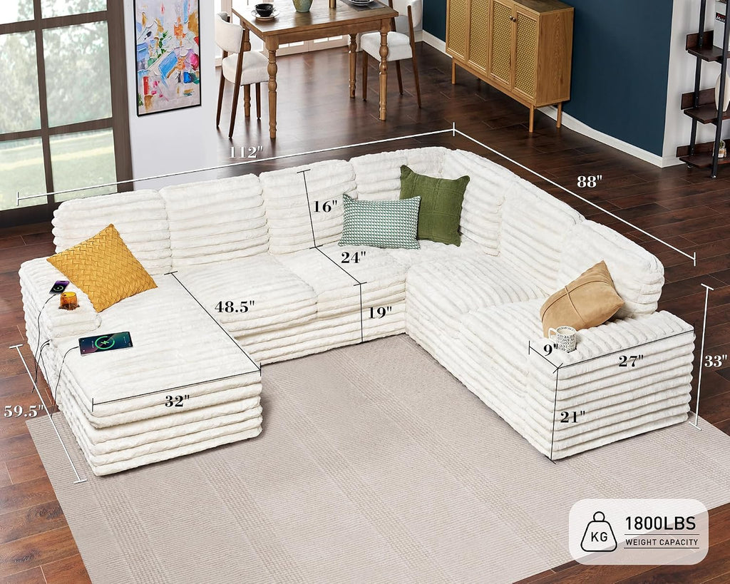 AMERLIFE 112 Inch U Shaped Couch, Oversized Couch with Storage Chaise & Cup Holders, Sectional Sofa with USB & Type-C Charging Ports, Faux Fur White Sofa