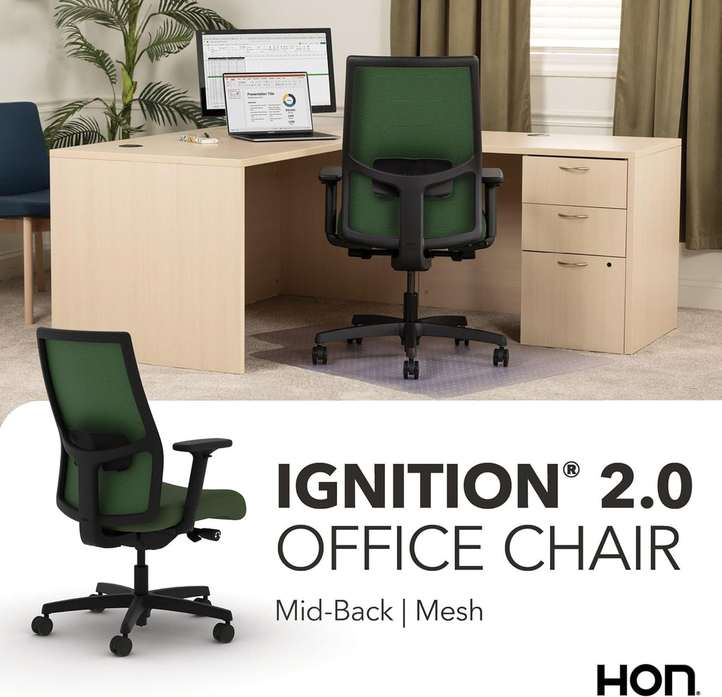 HON Ignition 2.0 Mid Back Task Chair, Spectrum Mesh, Advanced Synchro-Tilt Control, Office Chair with Lumbar Support, Height and Width Adjustable Arms, Black Frame, Leaf