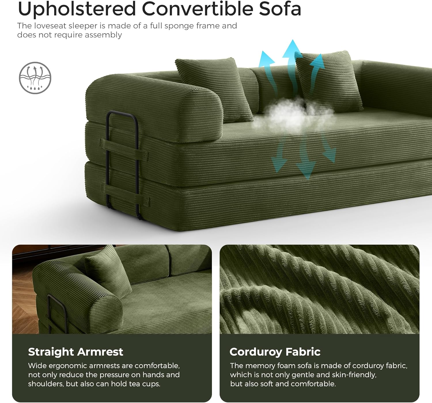 79' Convertible Sofa Bed with Fixed-Shape Frame & Removable Armrests, Modular Corduroy Sleeper Sofa, Folding Mattress Couch for Small Spaces - No Assembly Needed in Green (Includes 2 Pillows)