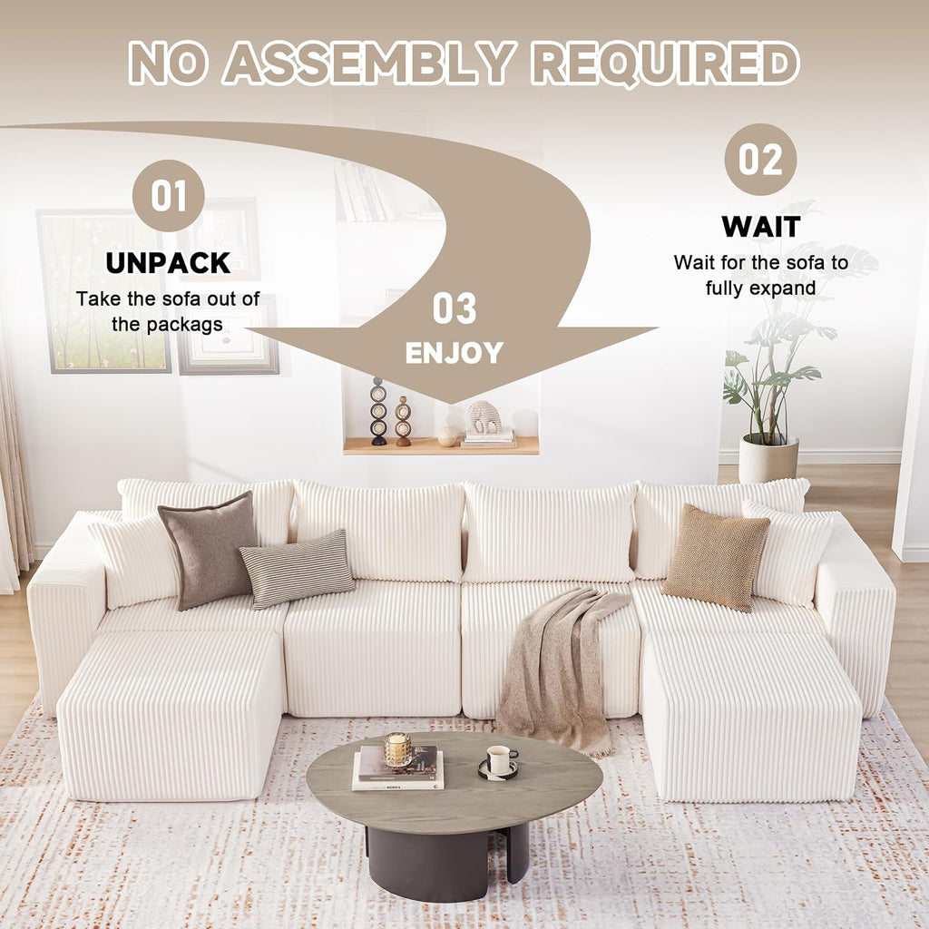 Weture 135.4' Cloud Couch Sectional, Modular Sectional Sofa with Deep Seat, Plush Corduroy U Shaped Boneless Couch, Convertible Sectional Couches for Living Room, 6Seat, Beige