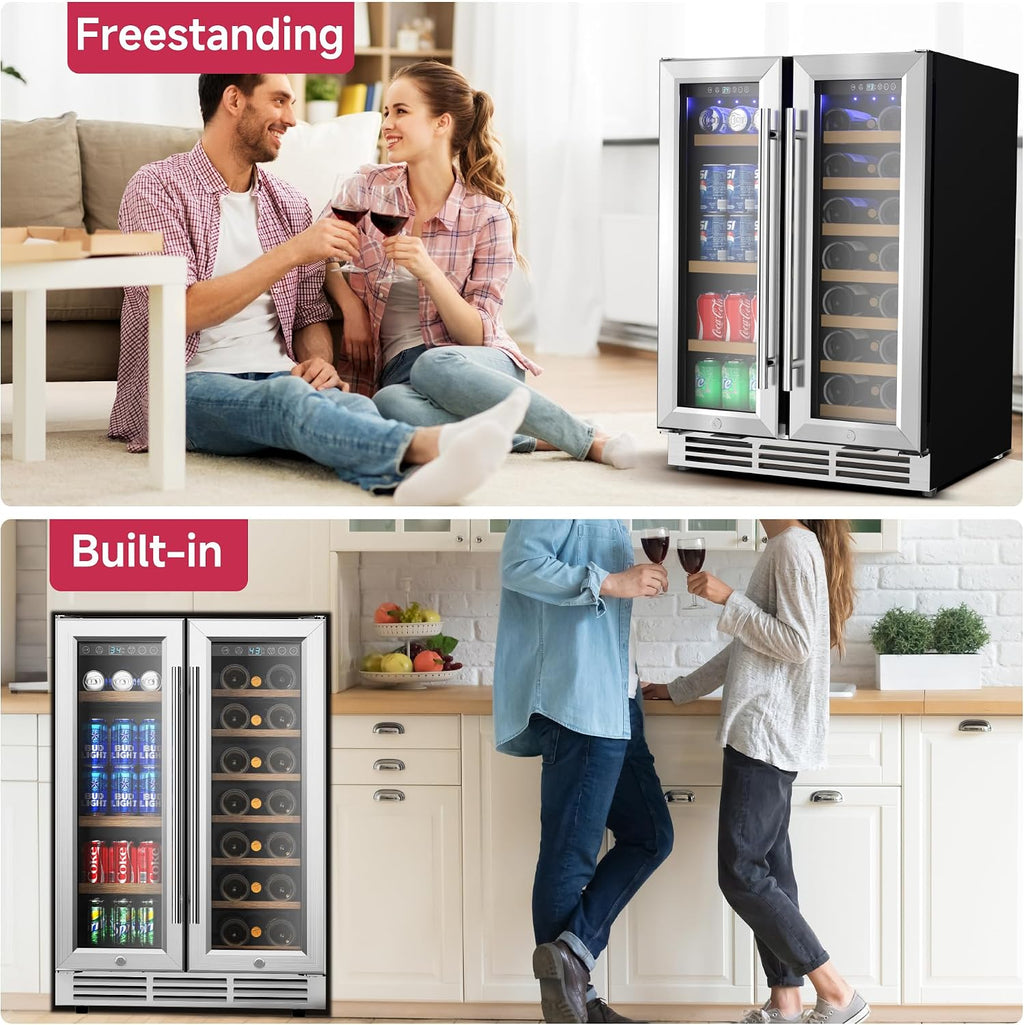 Icyglee 24' Wine and Beverage Refrigerator, Dual Zone Wine Cooler with Glass Door, Hold 88 Cans & 21 Bottles, Built in or Freestanding Under Counter Wine Fridge with Blue LED Light.