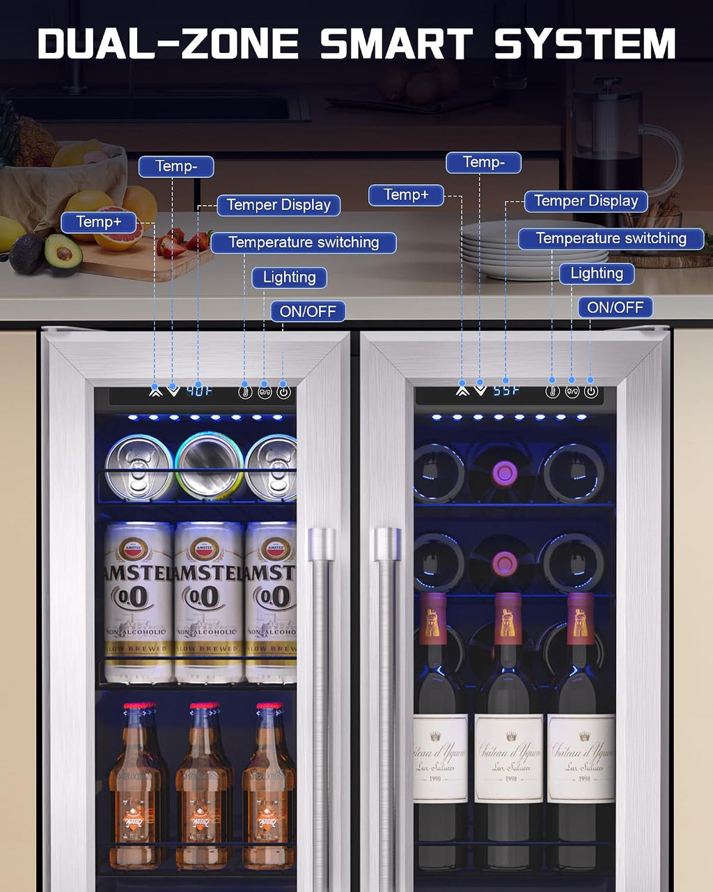 Under Counter Beverage Refrigerator – 160 Can & 20 Bottle Capacity, Dual Zone Built-In Beverage Cooler with Glass Door and Quiet Advanced Cooling System, Ideal for Beer, Wine, Soda