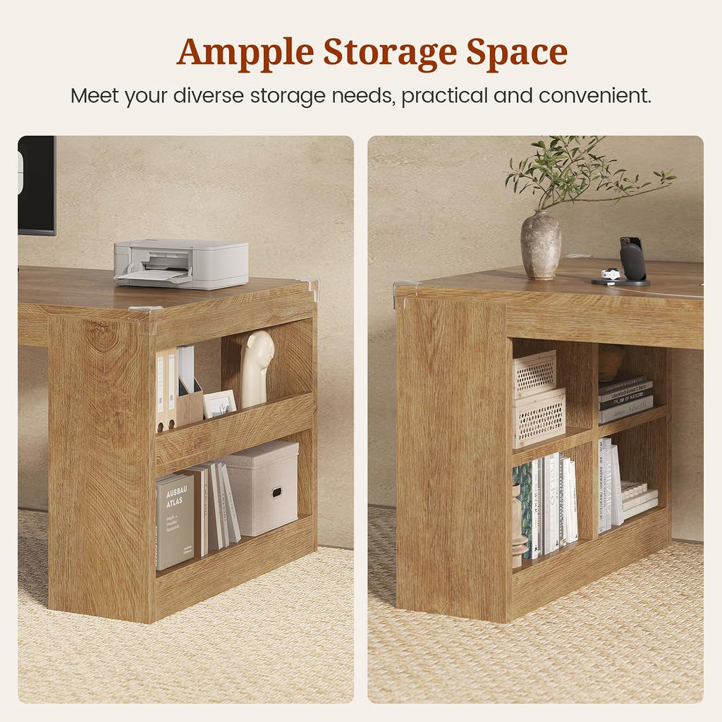 UPOSOJA 2 Person Desk with Power Outlet, 86.6' Wood Office Desk with Cable Management & Storage Shelves, Extra Long Computer Desk, Two Person Gaming Desk, Double Writing Table for Home Office, Oak