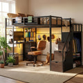 Kikihouse Twin Loft Bed with Desk, Storage Stairs & Wardrobe, Metal Loft Bed Frame w/Headboard, Bedside Shelf, Charging Station & 6 Drawers, LED Gaming Bed for Adult Space-Saving, Black & Walnut