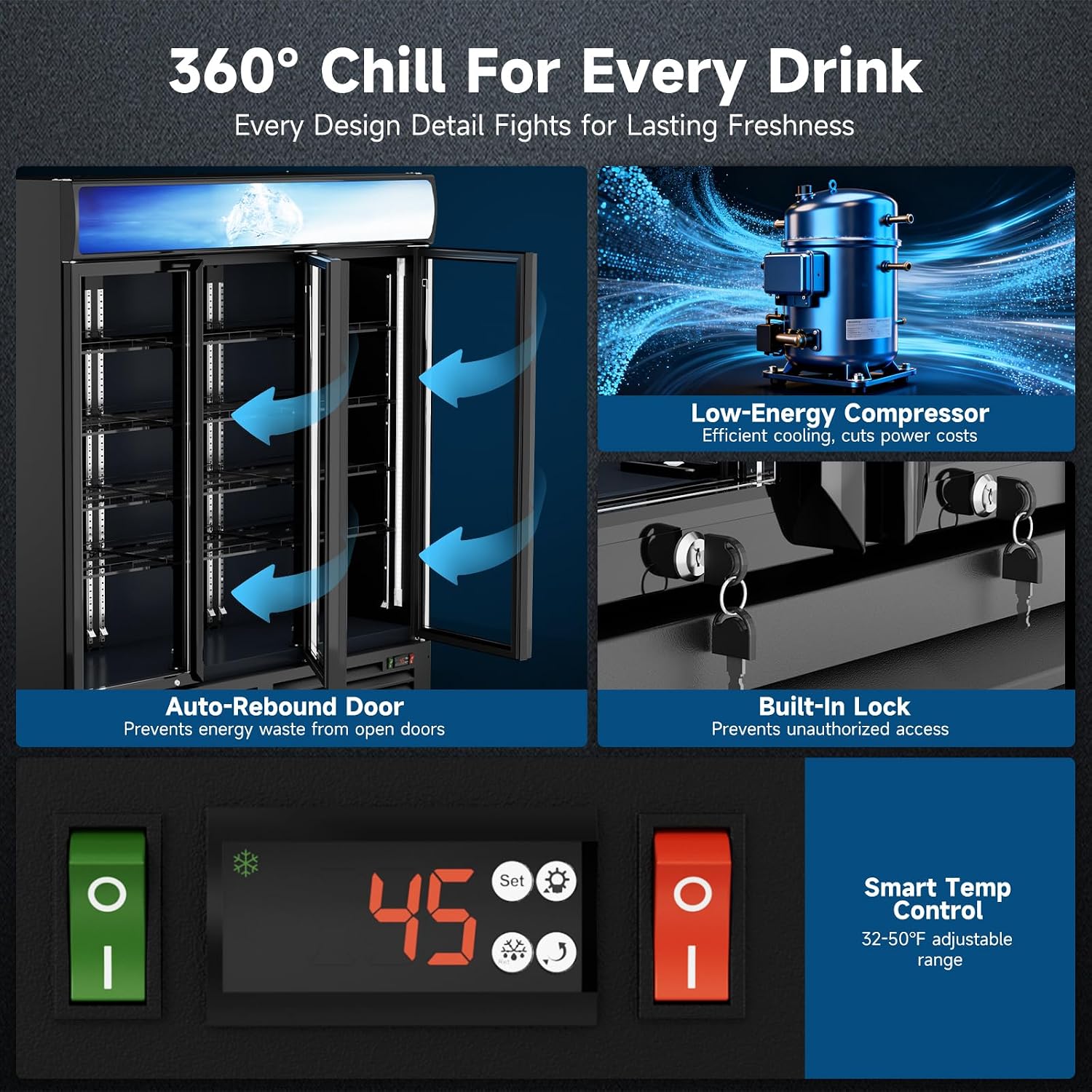 Commercial Beverage Refrigerator 56 Cu Ft, Commercial Display Fridge with Glass Door, Upright Merchandiser Refrigerator Cooler with Front LED Light for Stores, Restaurant, Office
