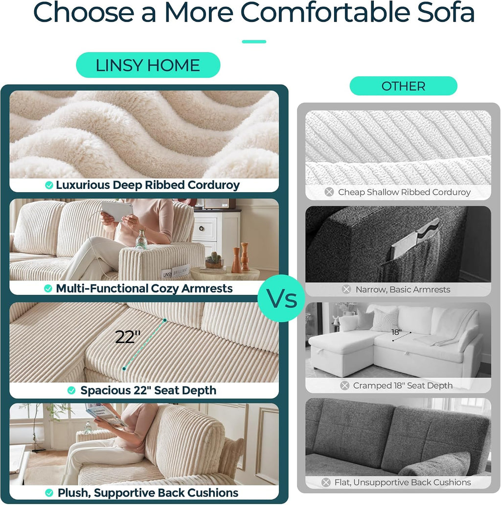 LINSY HOME Sectional Sleeper Sofa with Pull Out Couch Bed for Living Room (Beige) | Plush Corduroy, Storage Ottoman, Storage Chaise, Pull Out Couch, USB Charging
