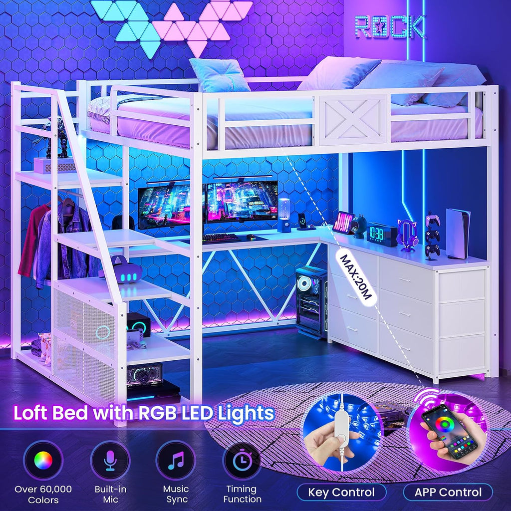 Itaar Full Size Loft Bed with Desk and Storage Stairs, Metal Loft Bed with 6 Storage Drawers, Hall Tree, LED Lights and Power Outlet, for Kids, Teens, Adults, White