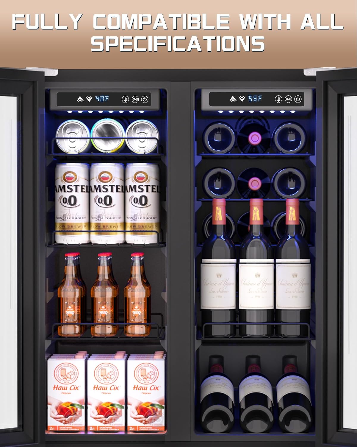 Under Counter Beverage Refrigerator – 160 Can & 20 Bottle Capacity, Dual Zone Built-In Beverage Cooler with Glass Door and Quiet Advanced Cooling System, Ideal for Beer, Wine, Soda