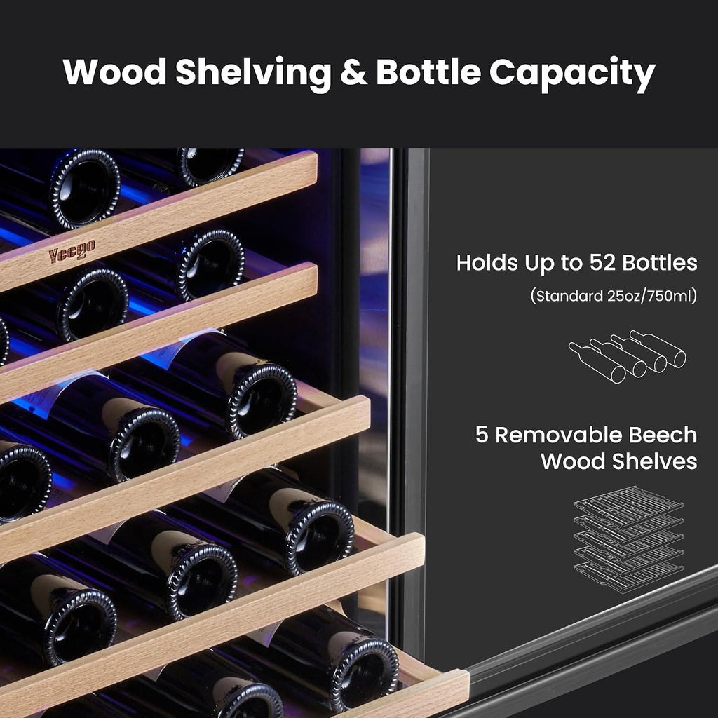 Yeego Wine Fridge Cooler - 24 Inch Wine Fridge Hold 52 Bottles, 40-65°F Wine Refrigerator Glass Door, Built in, Freestanding Under Counter Fridge for Beer Soda Drink Home Bar Office(5.12 Cu.ft)