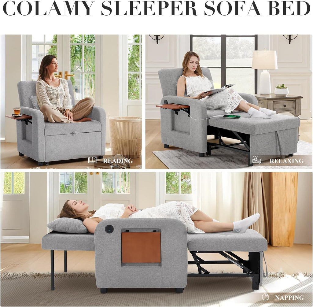 Convertible Sleeper Chair-Fabric Futon Sofa Bed, Single Sleeper Sofa, Small Couch Bed with USB Port, Foldable Table, Pillow, Adjustable Backrest for Dorm/Bedroom/College Lightgrey