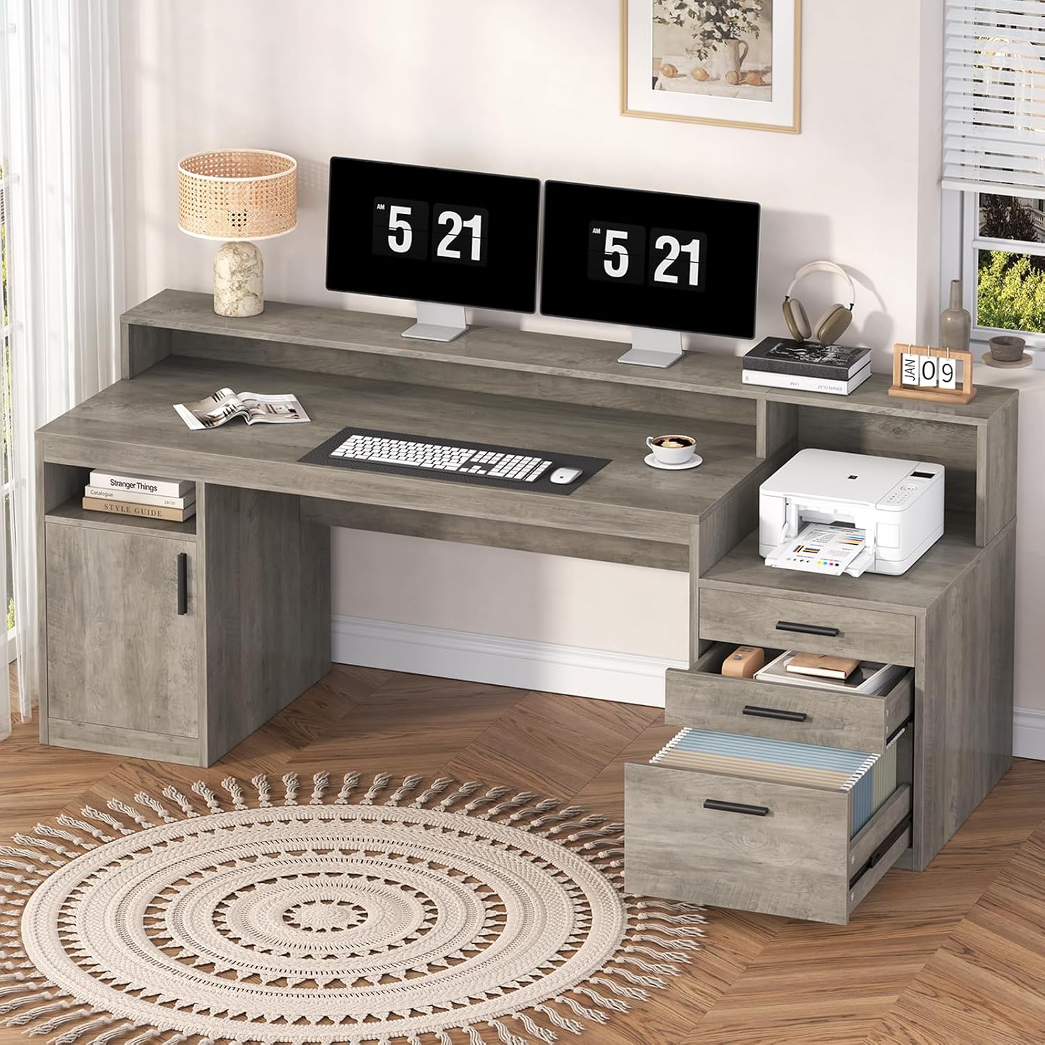 YOMILUVE Executive Computer Desk with 3 Drawers & Storage Shelves, 65 Inch Home Office Desk with File Drawer & Cabinet, Writing Study Desks with Monitor Stand & Printer Shelf, Executive Desk, Grey