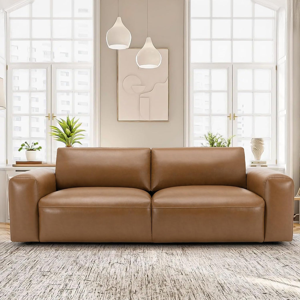 COLAMY 95' Oversized PU Leather Sofa, Comfy Sofa Couch with Extra Deep Seats, Wide Arm, Down Filled 3-Seater Sofa for Living Room, Apartment Lounge-Light Brown