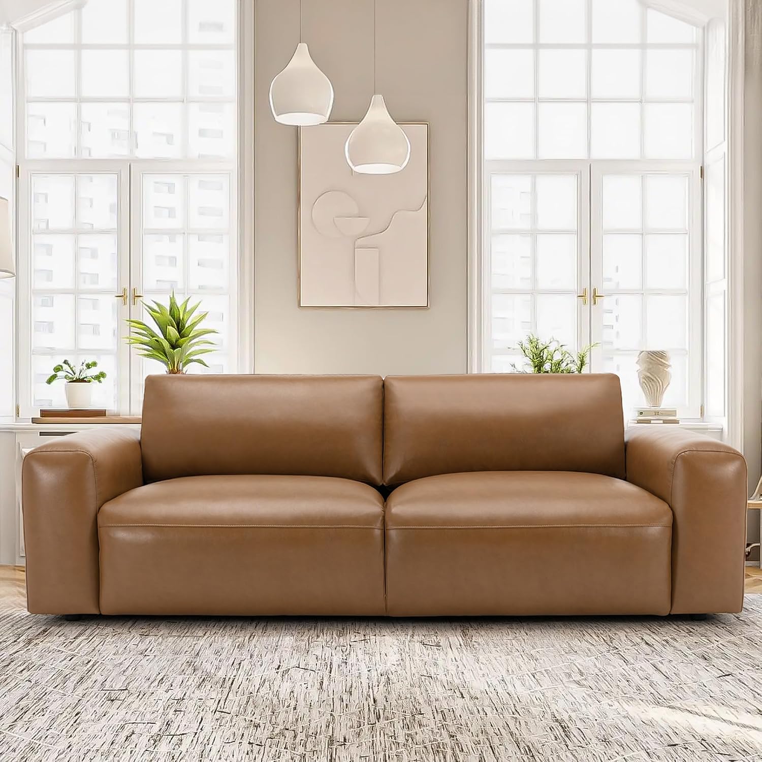 COLAMY 95' Oversized PU Leather Sofa, Comfy Sofa Couch with Extra Deep Seats, Wide Arm, Down Filled 3-Seater Sofa for Living Room, Apartment Lounge-Light Brown